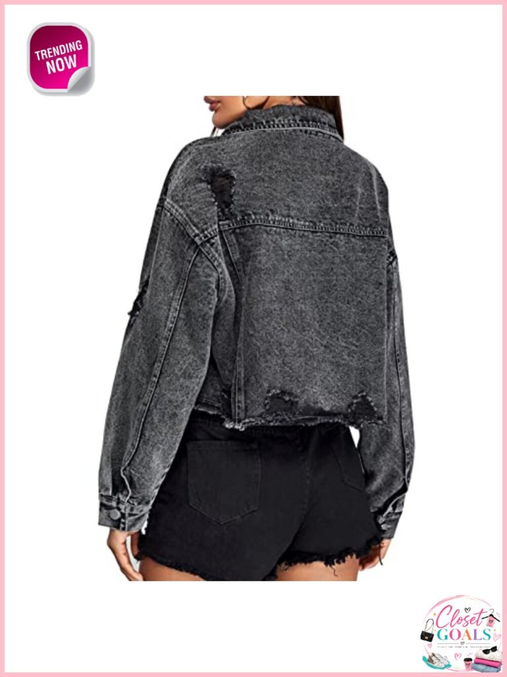 Cropped Distressed Denim Jacket Button-Down Ripped Frayed - Picture 3 of 6